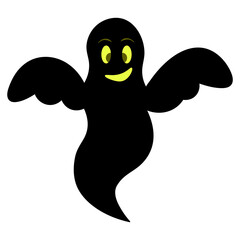 Ghost. Silhouette. Grinning facial expression. Vector illustration. Isolated white background. Bringing. Halloween symbol. Nice grimace. White sheet suit. Spirit. Idea for web design. All Saints' Day.