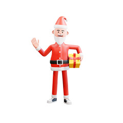 santa holding a gift at his waist and waving his right hand saying hi3d illustration santa holding a gift at his waist and waving his right hand saying hi