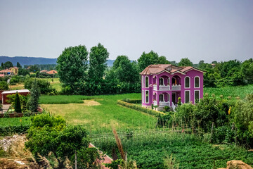 Fototapeta na wymiar Purple farmhouse in the middle of fields in the Albanian countryside. Luxurious two-story mansion against the backdrop of bright summer greenery