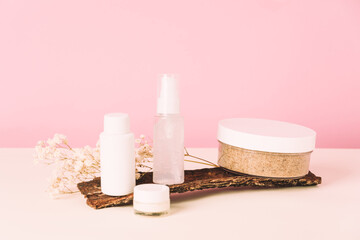 Set of cosmetic products with natural materials. Health and medicine concept, beauty and selfcare. Natural organic cosmetic. Front view