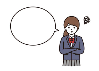 腕組みをして困っている制服の女子学生 吹き出し