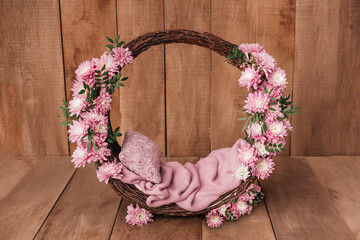 Newborn Digital Background Spring rose Basket Prop for Newborn. - obrazy, fototapety, plakaty