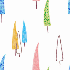 Pencil drawn forest seamless pattern with colored trees