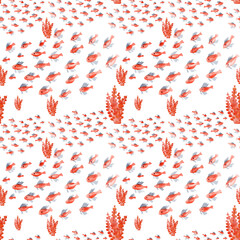 Watercolor seamless pattern with seaweed, animals and fish

