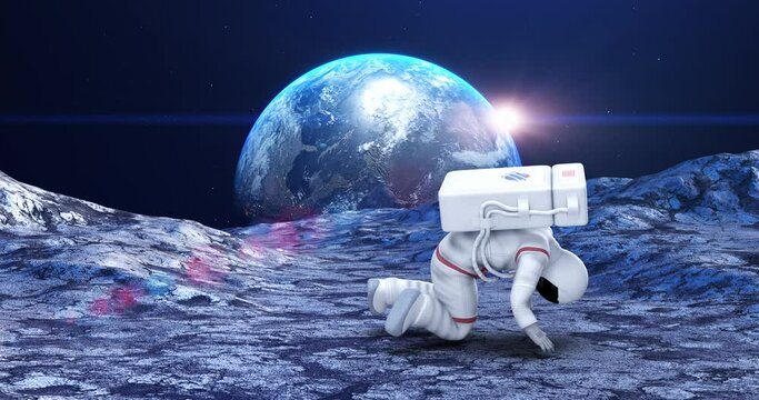 Astronaut Tripping And Falling Down On Planet Surface. Planet Earth On Background. Space And Technology Related 3D Animation.