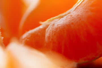 Mandarin macro background. Orange slices are sweet appetizing close-up in natural light. Selective focus, rear view blur. Conceptual festive winter background, New Year. Tropical juicy fragrant fruit