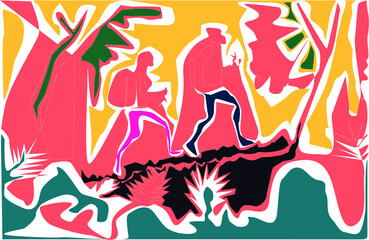 man and woman nature lovers walking in the forest exploring. design and colorful concept illustration for forest excursions