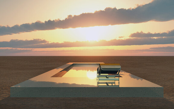 Swimmingpool und Liegestuhl in der Wüste bei Sonnenuntergang