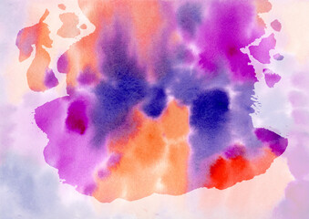 Multicolored Watercolor hand drawn abstract background. Orange, violet, red and purple colorful Spots and Splashes texture. dark Drop on light Backgrounds. Watercolour Backdrop of Spot for packaging