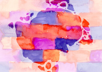 Multicolored Watercolor hand drawn abstract background. Orange, red, violet and purple colorful Spots and Splashes brick and stone texture. Center dark Drop on light Backgrounds. Watercolour Backdrop