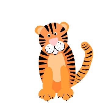 A cute tiger with a surprised look.  Hand-drawn in a doodle style.  Cute baby print for posters, cards, t-shirts, wall art in nursery