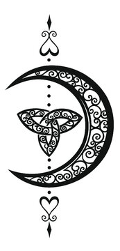 Mond Celtic Trinity Moon. Keltischer Mond mit Herzen und Trinity Symbol. Vektor Design.