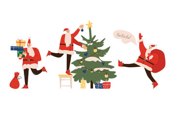 Set of happy Santa Clauses. Flat design. Vector illustration. Isolated on a white background.
