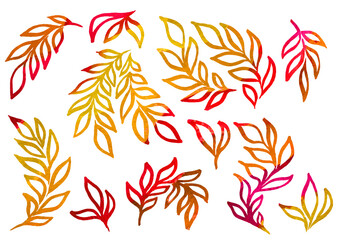 Watercolor artistic multicolor Set of floral elements in the style of line art wedding theme on a white background. Doodle and scribble. Watercolour gradient red, orange, yellow and brown leafs for