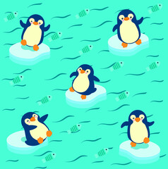 Pattern of funny penguin eating a fish on a piece of ice.