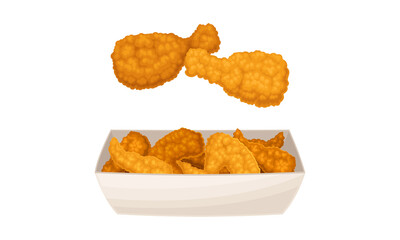 Fried chicken meat set. Tasty crispy wings and legs fast food dish cartoon vector illustration