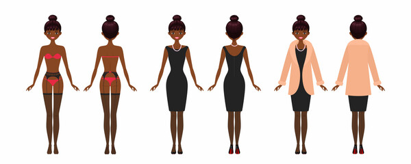 Young African American woman dressed in an elegant outfit. Cartoon flat style. Vector illustration
