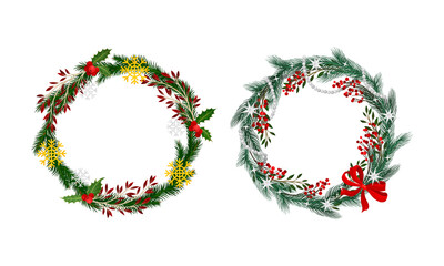 Set of Christmas wreaths decorated with red bow, berries and snowflakes vector illustration