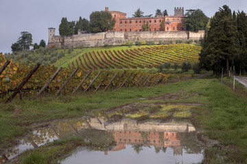 Fototapeta na wymiar Brolio, Siena. Panorama autunnale con vigneto sullo sfondo del Castello.