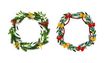 Set of Christmas pine wreaths decorated with yellow and red bows vector illustration