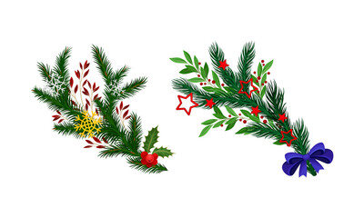 Christmas tree branches decorated with berries and bow set vector illustration