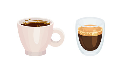 Cups of coffee set. Aroma hot beverage in glass and ceramic mugs vector illustration