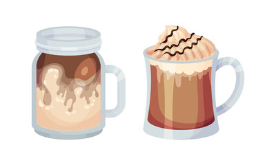 Cups of coffee drinks set. Aroma hot beverage in glass mugs vector illustration