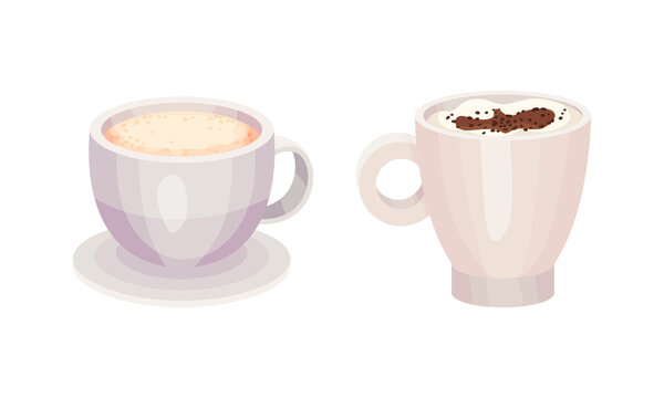Cups of coffee set. Aroma hot beverage in white ceramic cup vector illustration