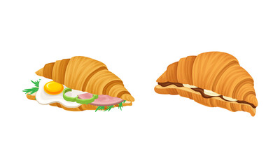 Crunchy croissants with various ingredients set. French croissant with , ham, , cheese, egg, chocolate vector illustration