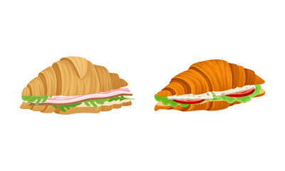 Crunchy croissants with various ingredients set. French croissant with mushroom, ham, cheese, sausage vector illustration