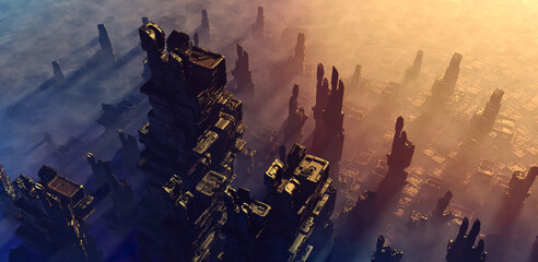 Futuristic architecture rendering. Science fiction city landscape in sunset colors. 3D rendering © CROCOTHERY