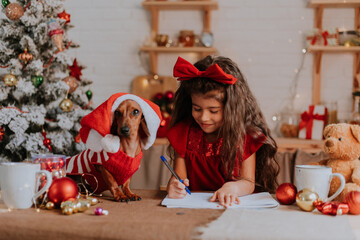 cute little girl with a a dwarf dachshund writes a letter with wishes to Santa Claus. winter new...