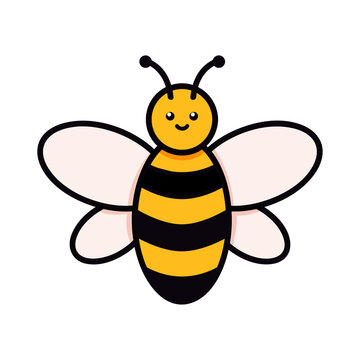 Cute bee vector illustration in doodle style. Colorful kids drawing for icon and logo design in yellow and black colors isolated on white background