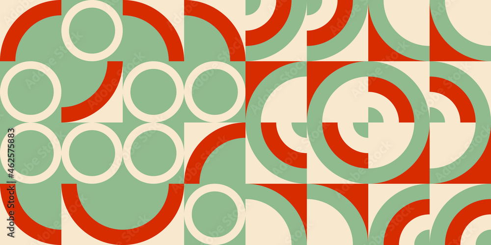 Poster Modern vector abstract  geometric background with circles, rectangles and squares  in retro scandinavian style. Pastel colored simple shapes graphic pattern. Abstract mosaic artwork.