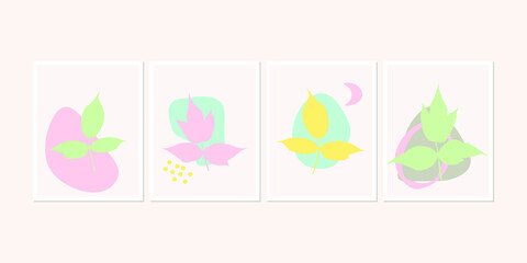 Botanical wall art posters collection. Set of realistic leaves, plants, herbs or flowers with abstract shapes in pastel colors. Artistic  nature art. Minimalist modern floral background.