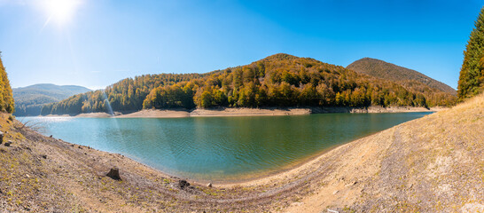 Irati forest or jungle in autumn, panoramic view of the beautiful Irabia reservoir. Ochagavia, northern Navarra in Spain