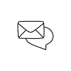 Chat bubble mail icon in flat black line style, isolated on white background 
