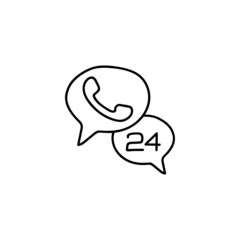 24 Hours Call center icon in flat black line style, isolated on white background 