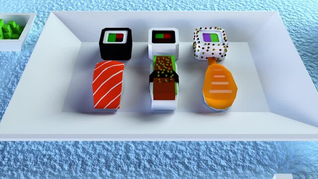 Exotic seafood in 3d render of appetizing snack. Traditional japanese food of fresh fish and rice with vegetable spices. Asian sashimi with tuna and salmon slices with wasabi sauce.