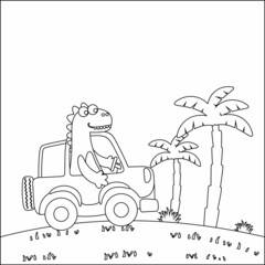 Fototapeta na wymiar Cute dinosaur driving a car go to forest funny animal cartoon. Childish design for kids activity colouring book or page.