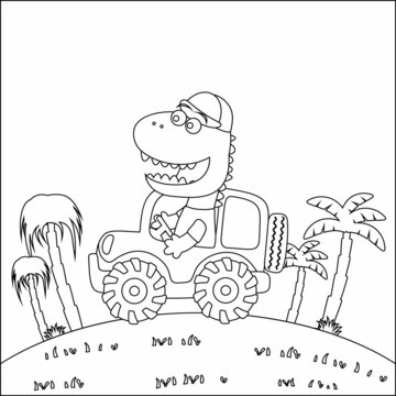 Cute dinosaur driving a car go to forest funny animal cartoon. Childish design for kids activity colouring book or page.