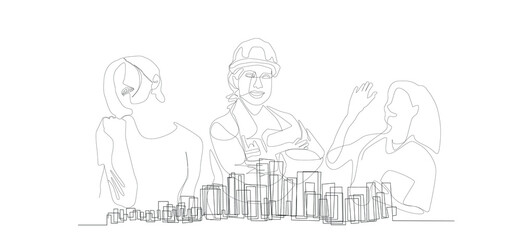 Architecture city buildings planned as a single row and business woman figures working behind them. Building architectural project drawings. business  and construction project advertising background