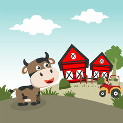 Vector illustration of happy smiling cow in the field, Can be used for t-shirt print, kids wear fashion design, invitation card. fabric, textile, nursery wallpaper and poster.