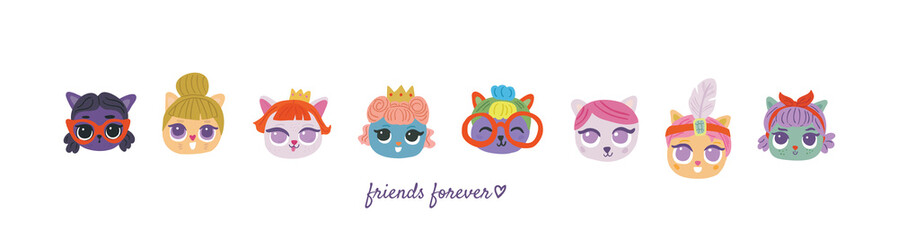 Cute vector set of cat faces, cat portraits with accessories on white background. Cat doodle portraits in cartoon hand drawn style. Cats heads emoticons vector.