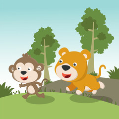 Obraz na płótnie Canvas Cartoon wild animals concept, cute lion and monkey in the jungle. Creative vector childish background for fabric, textile, nursery wallpaper, poster, card, brochure. and other decoration.