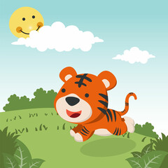 Obraz na płótnie Canvas Cartoon wild animals concept, cute tiger running in the jungle. Creative vector childish background for fabric, textile, nursery wallpaper, poster, card, brochure. and other decoration.