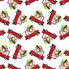 Obraz premium Seamless pattern of funny bear driving car in the road. Creative vector childish background for fabric, textile, nursery wallpaper, poster, card, brochure. and other decoration.