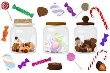A set of three glass jars with different fillings isolated on a white background. Marshmallow, various nuts, chocolates, lollipops,christmas candy. Sweets for children. Vector illustration.