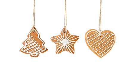 Hanging Christmas gingerbread cookies isolated on a white background
