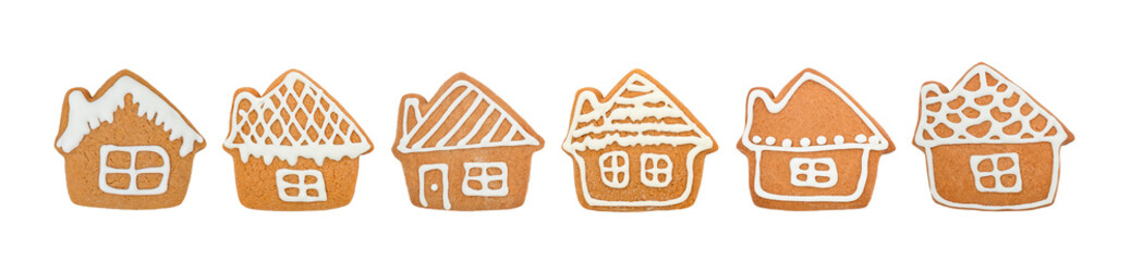 Collection of Christmas gingerbread cookies - houses isolated on white background